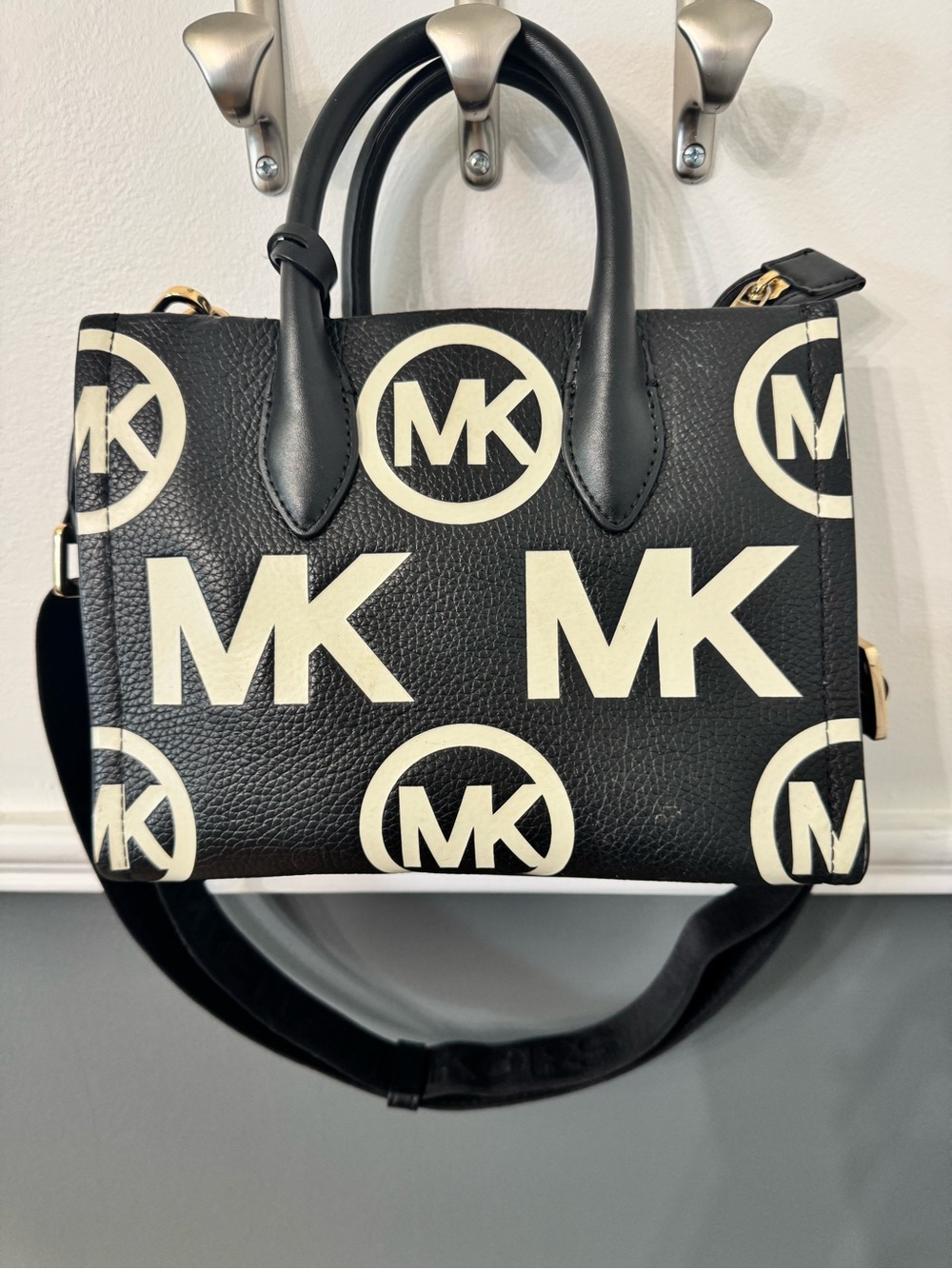 Michael Kors Black and White Logo Satchel with Gold Hardware